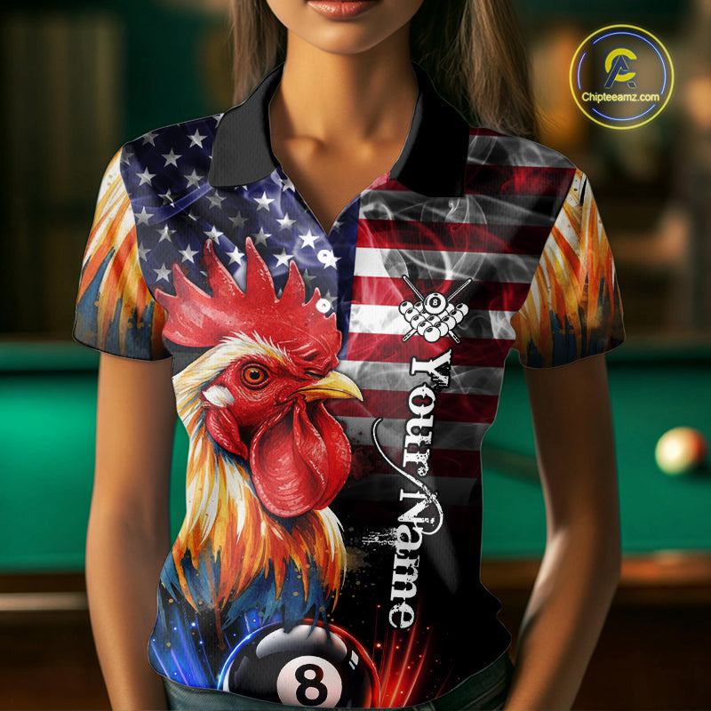 American Flag Smoke Rooster Billiard Shirt For Women Custom 8 Ball Pool Team Jersey Polo & 1/4 Zip TDM5883