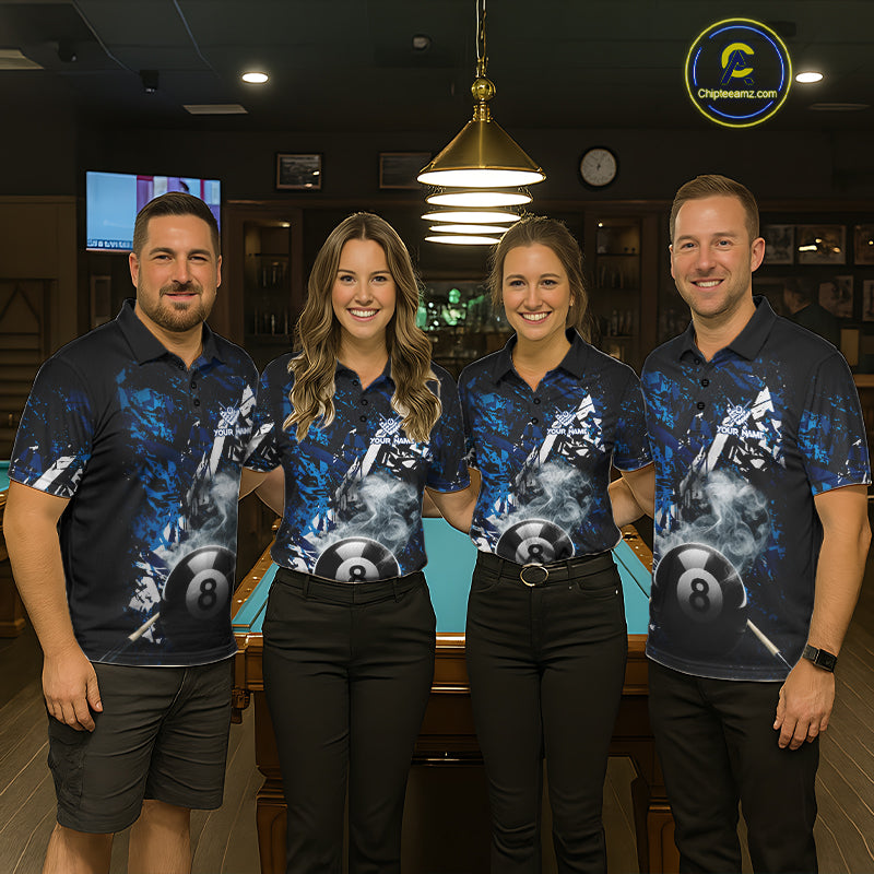 Custom Blue Camo 8 Ball Pool Smoke Billiard Shirt For Women, Billiard Team Jersey Polo & 1/4 Zip TDM6031