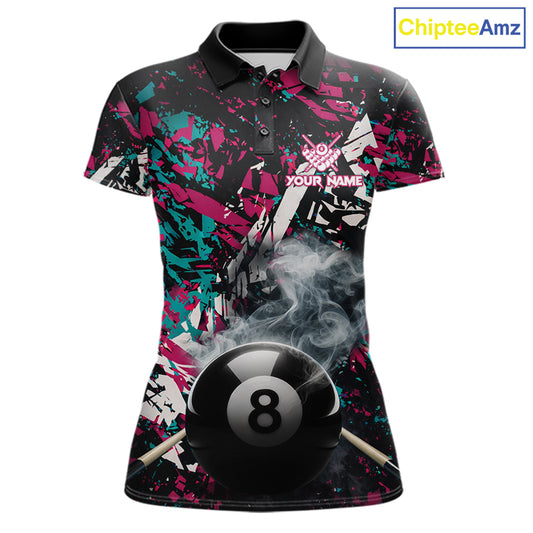 Custom Pink And Teal Camo 8 Ball Smoke Billiard Shirt For Women, Pool Team Jersey Polo & 1/4 Zip TDM6033