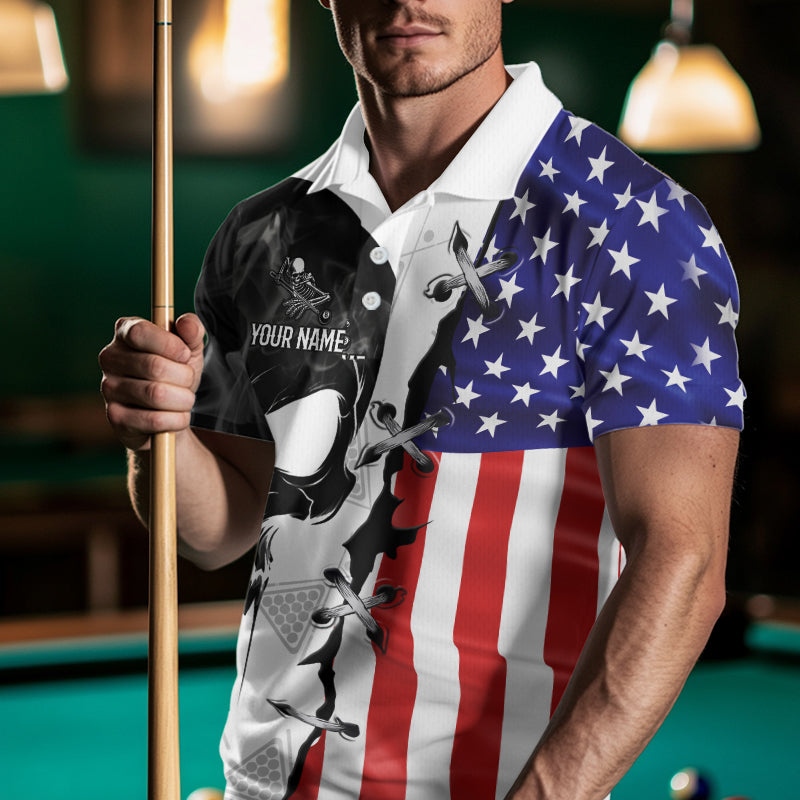 American Flag Smoke Skull Billiard Shirt For Men Custom 8 Ball Pool Team Jersey Polo & 1/4 Zip TDM6285
