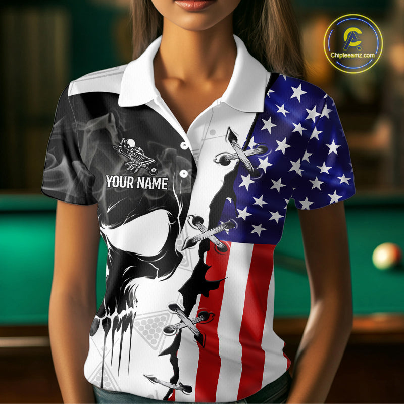 American Flag Smoke Skull Billiard Shirt For Women Custom 8 Ball Pool Team Jersey Polo & 1/4 Zip TDM6285