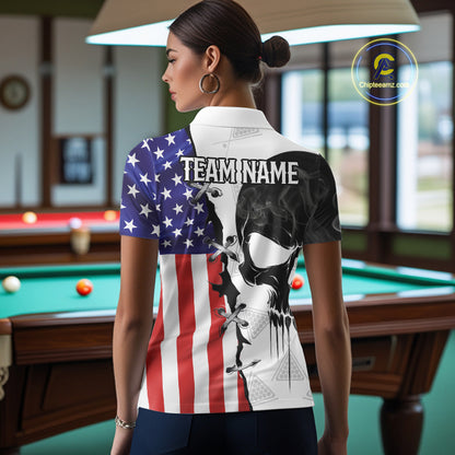 American Flag Smoke Skull Billiard Shirt For Women Custom 8 Ball Pool Team Jersey Polo & 1/4 Zip TDM6285