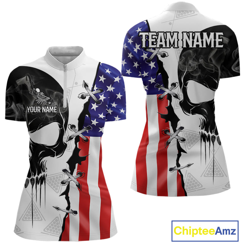 American Flag Smoke Skull Billiard Shirt For Women Custom 8 Ball Pool Team Jersey Polo & 1/4 Zip TDM6285