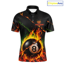 Load image into Gallery viewer, Crack fire flame 8 ball pool billiard polo shirt for men with custom team graphics.