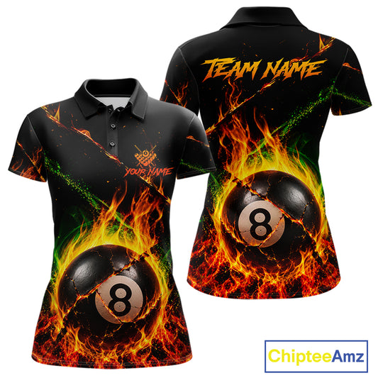 Crack fire flame 8 ball pool billiard polo shirt for women with custom team graphics.