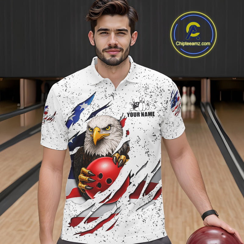 Man wearing a white grunge American flag eagle bowling polo shirt at a bowling alley front view.