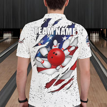 Load image into Gallery viewer, Back view of man wearing a white grunge American flag eagle bowling polo shirt inside a bowling alley.