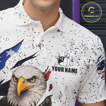 Close-up of a white grunge bowling polo shirt collar, buttons, and eagle flag artwork.