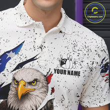 Load image into Gallery viewer, Close-up of a white grunge bowling polo shirt collar, buttons, and eagle flag artwork.