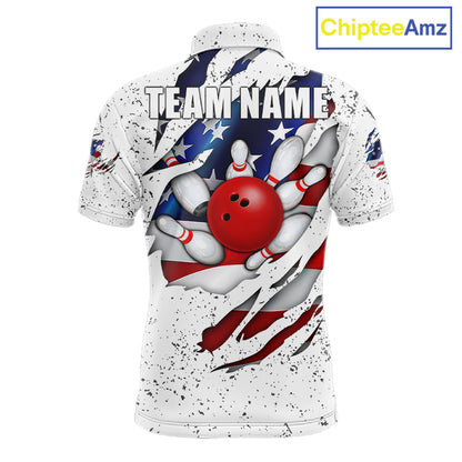 White grunge American flag eagle bowling polo shirt for men with patriotic team graphics.