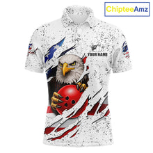 Load image into Gallery viewer, White grunge American flag eagle bowling polo shirt for men with patriotic team graphics.