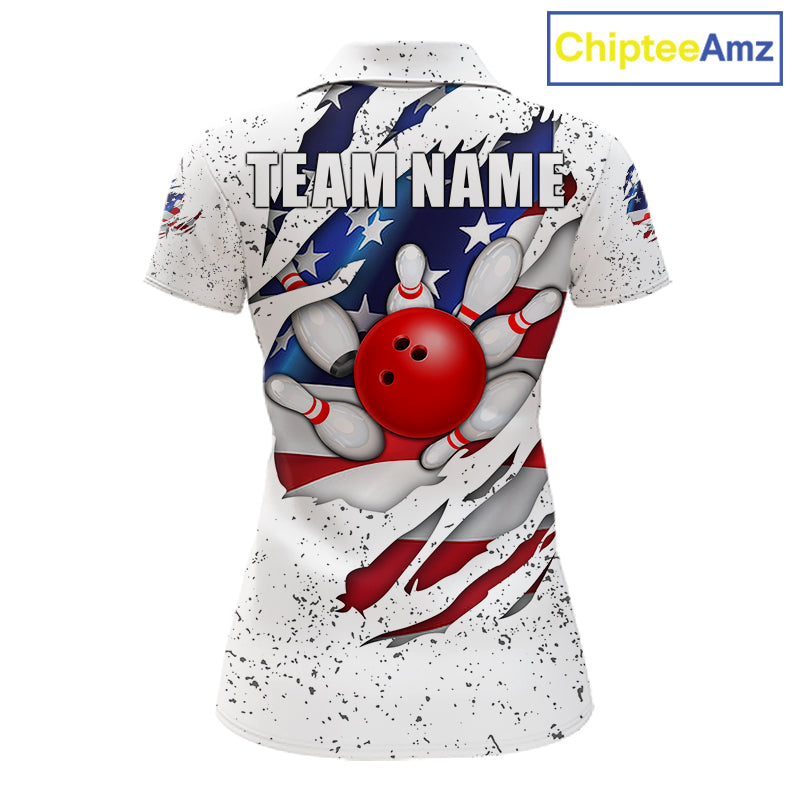 White grunge American flag eagle bowling polo shirt for women with patriotic team graphics.