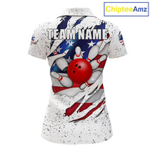 Load image into Gallery viewer, White grunge American flag eagle bowling polo shirt for women with patriotic team graphics.