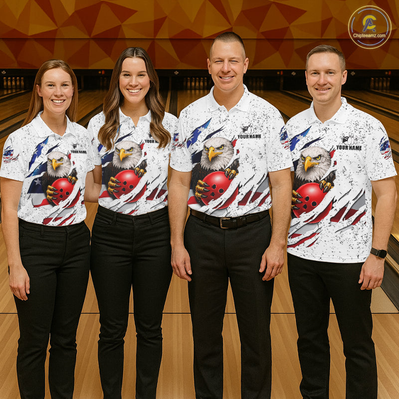Bowling team wearing matching white grunge American flag eagle bowling jerseys during tournament matches front view.