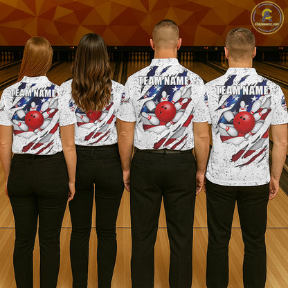 Back view of bowling team wearing matching patriotic eagle bowling shirts in a bowling alley.