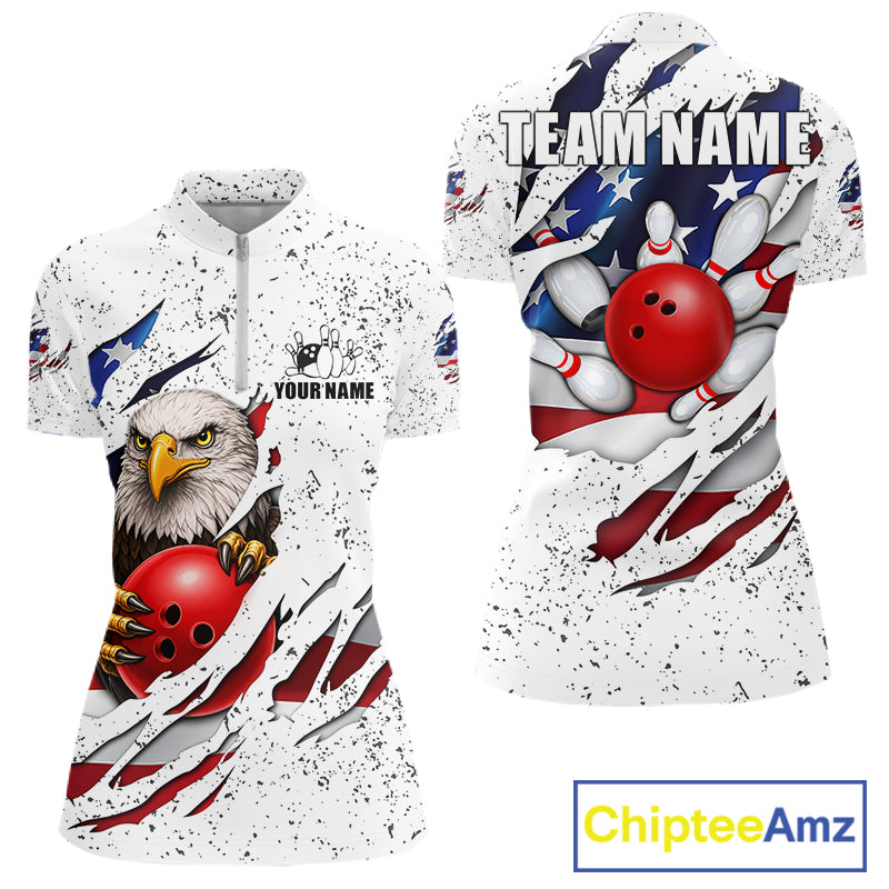 White grunge American flag eagle bowling quarter zip shirt for women designed for league tournaments and team events.