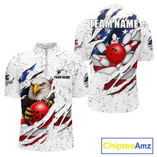 Load image into Gallery viewer, White grunge American flag eagle bowling quarter zip shirt for men designed for league tournaments and team events.