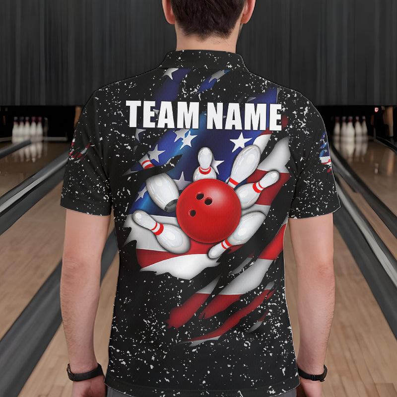 Back view of man wearing a black grunge American flag eagle bowling polo shirt inside a bowling alley.