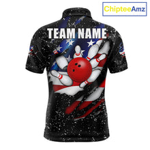 Load image into Gallery viewer, Black grunge American flag eagle bowling polo shirt for men with patriotic team graphics.