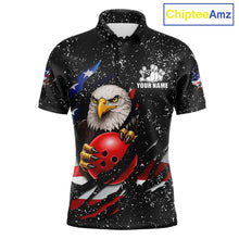 Load image into Gallery viewer, Black grunge American flag eagle bowling polo shirt for men with patriotic team graphics.