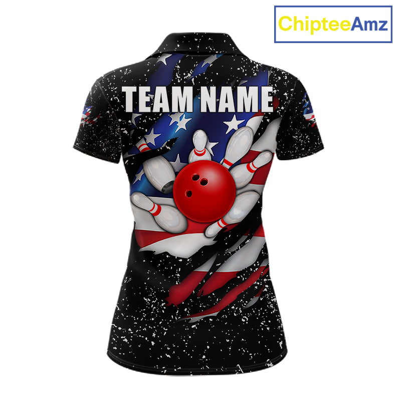 Black grunge American flag eagle bowling polo shirt for women with patriotic team graphics.