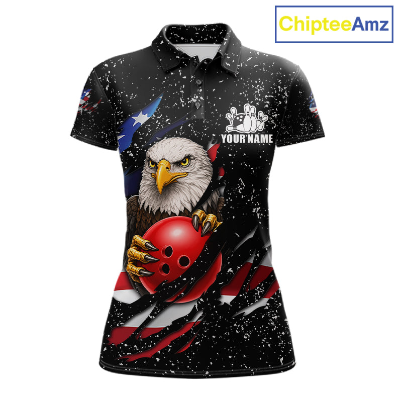 Black grunge American flag eagle bowling polo shirt for women with patriotic team graphics.
