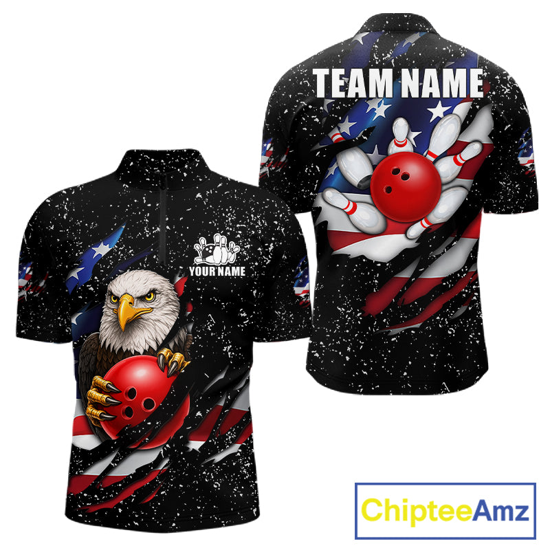 Black grunge American flag eagle bowling quarter zip shirt for men built for league play and tournaments.