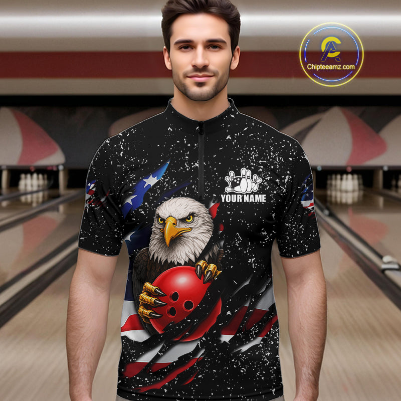Man wearing a black grunge American flag eagle bowling quarter zip jersey during tournament play front view.