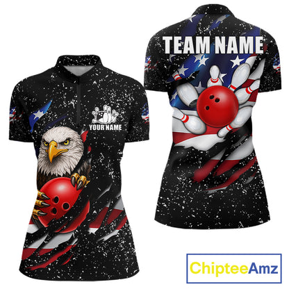 Black grunge American flag eagle bowling quarter zip shirt for women built for league play and tournaments.