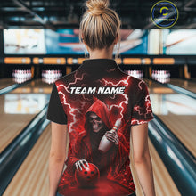 Load image into Gallery viewer, Woman wearing red grim reaper lightning bowling polo shirt back view.
