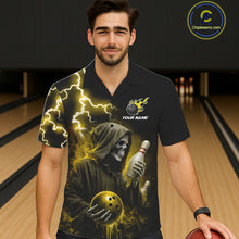 Load image into Gallery viewer, Man wearing yellow grim reaper thunder lightning bowling Hawaiian shirt front view.