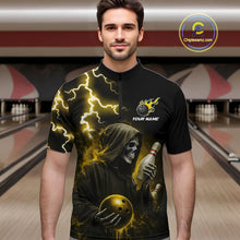 Load image into Gallery viewer, Man wearing yellow grim reaper lightning bowling quarter zip shirt front view.