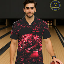 Load image into Gallery viewer, Man wearing red grim reaper thunder lightning bowling Hawaiian shirt front view.
