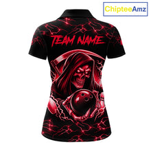 Load image into Gallery viewer, Custom red grim reaper lightning bowling team jersey polo shirt for women, skull bowling league apparel with bold lightning graphics.