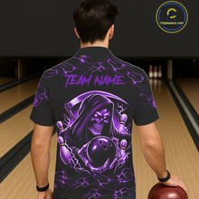 Load image into Gallery viewer, Man wearing purple grim reaper lightning bowling Hawaiian shirt back view.