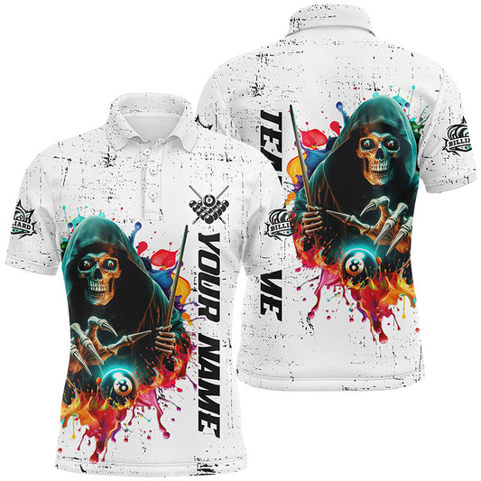 Billiard Skeleton Colorful Grunge Style Personalized Men Polo Shirts, Best Billiard Attire Design TDM1079