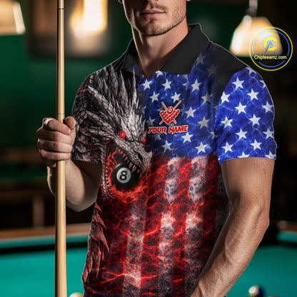 American Flag Dragon 8 Ball Billiard Shirt For Men Custom Lightning Pool Team Jersey Polo, 1/4 Zip TDM6034