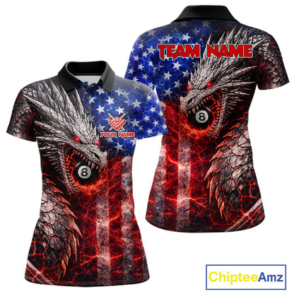 American Flag Dragon 8 Ball Billiard Shirt For Women Custom Lightning Pool Team Jersey Polo, 1/4 Zip TDM6034