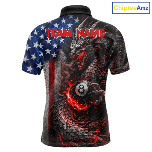 American Flag Dragon 8 Ball Fire Billiard Shirt For Men Custom Pool Team Jersey Polo, 1/4 Zip TDM6035