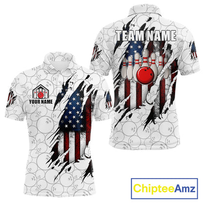 Vintage American flag white bowling polo shirt for men with patriotic team graphics.