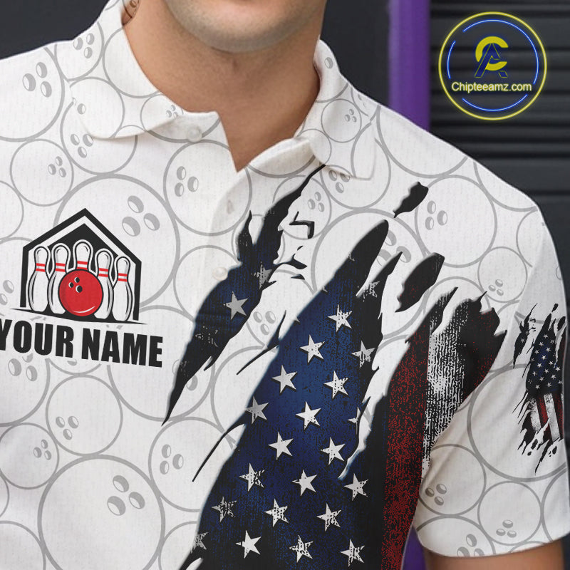 Close-up of a vintage American flag white bowling polo shirt collar, buttons, and patriotic artwork.