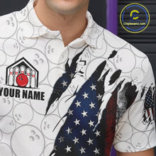 Load image into Gallery viewer, Close-up of a vintage American flag white bowling polo shirt collar, buttons, and patriotic artwork.