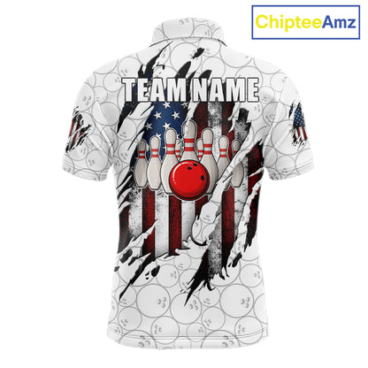 Vintage American flag white bowling polo shirt for men with patriotic team graphics.