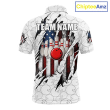 Load image into Gallery viewer, Vintage American flag white bowling polo shirt for men with patriotic team graphics.