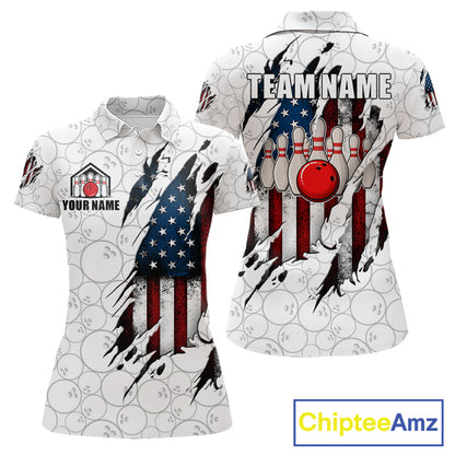 Vintage American flag white bowling polo shirt for women with patriotic team graphics.