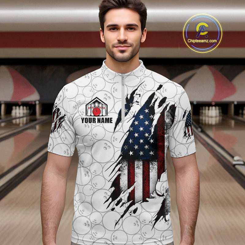 Man wearing a vintage American flag white bowling quarter zip jersey during league competition front view.