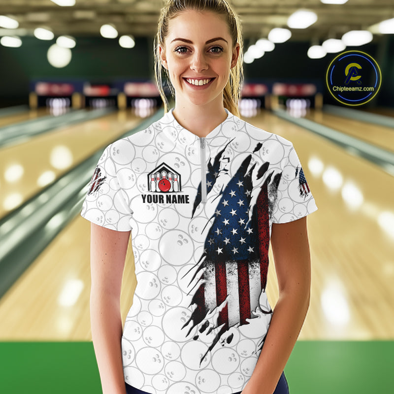 Woman wearing a vintage American flag white bowling quarter zip jersey during league competition front view.