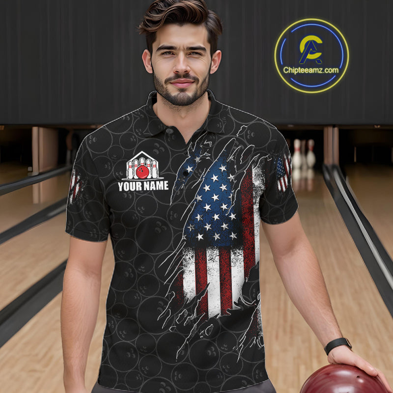 Man wearing a vintage American flag black bowling polo shirt at a bowling alley front view.