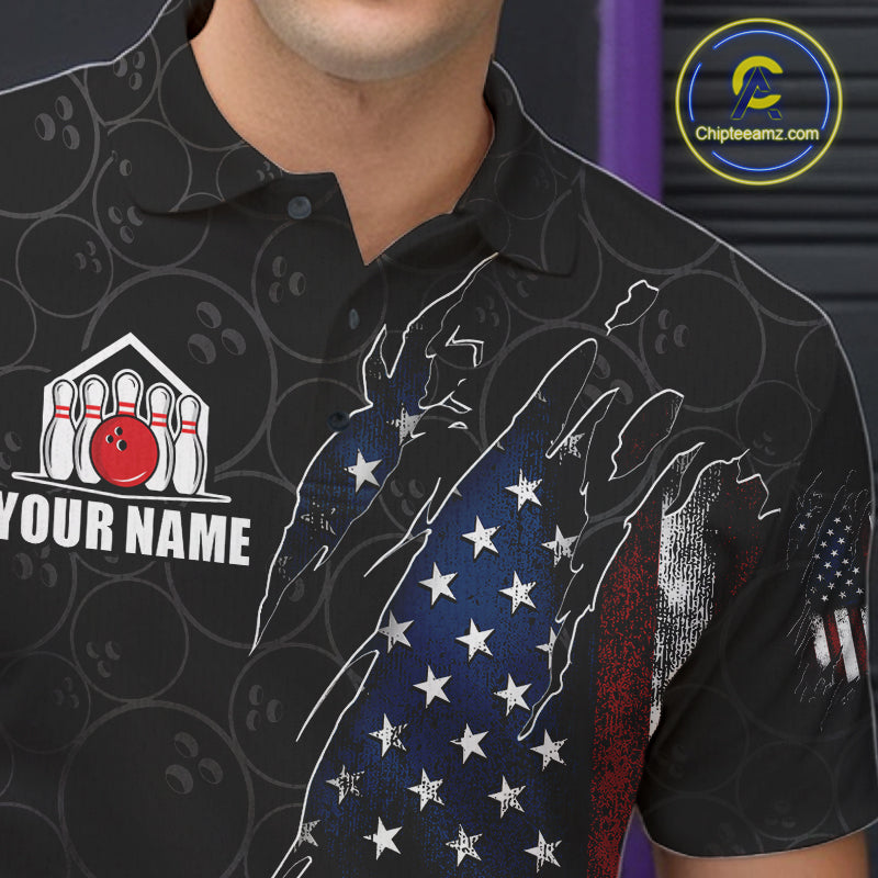 Close-up of a vintage American flag black bowling polo shirt collar, buttons, and patriotic artwork.