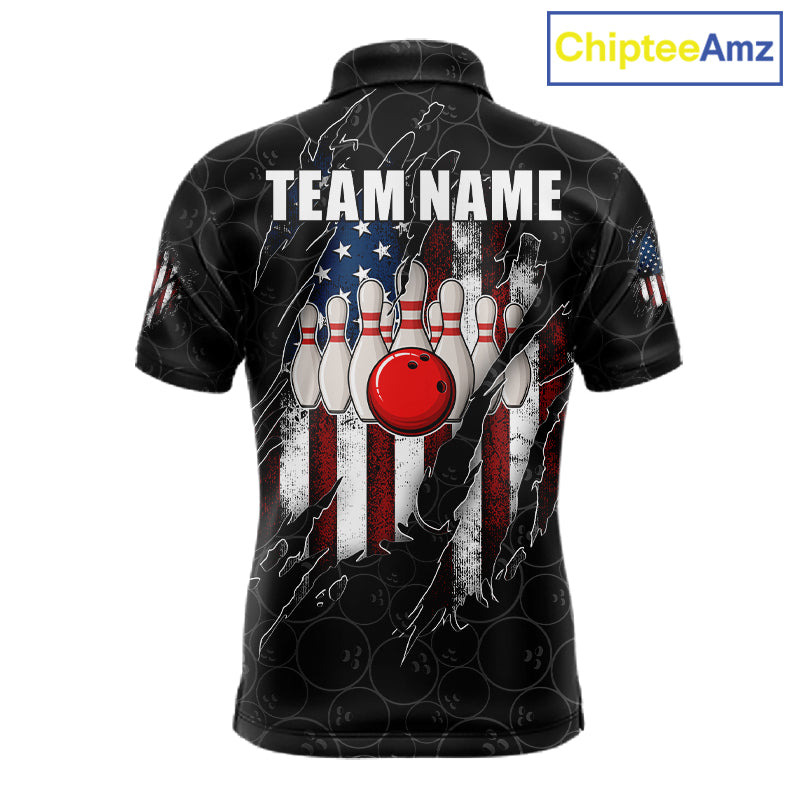 Vintage American flag black bowling polo shirt for men with patriotic team graphics.